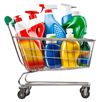Shopping cart filled with various brightly colored cleaning products in a grocery store setting, file no background Shopping cart filled with detergents png