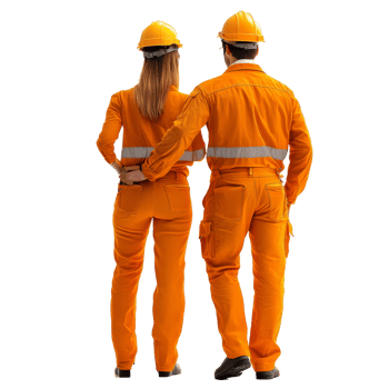 Couple in bright construction attire standing together with helmets, showcasing teamwork in a construction setting, Couple in Construction Attire Back View Isolated on transparent background png