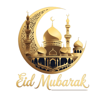 Glowing Crescent Moon with Mosque Silhouette Beautiful Eid Mubarak Artwork png