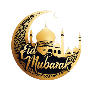 Golden Eid Mubarak Crescent Moon and Mosque Festive Islamic Greeting Image png