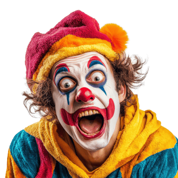 A playful clown tries to surprise and scare onlookers with a cheerful expression against a bright backdrop, Clown trying to scare surprise someone on transparent background png