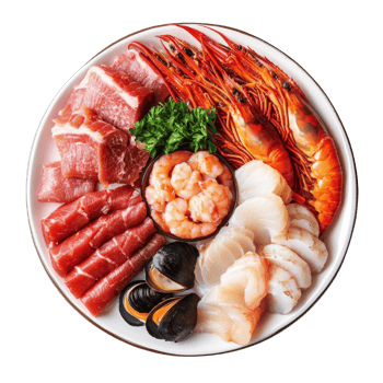 A colorful platter of assorted seafood and meat on a transparent background ready for a delicious meal experience, Dish containing both seafood and meat top view isolated on transparent background png