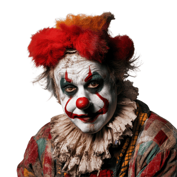 A dramatic portrayal of a clown in a colorful costume with vivid makeup on a bright transparent background, projecting a sense of emotion, clown isolated on transparent background png