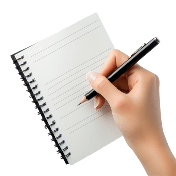 Hands holding a pen ready to write in an office planner during a productive work session, Office planner, business organizer, hands holding pens, writing. Notepad, pencil isolated on transparent png