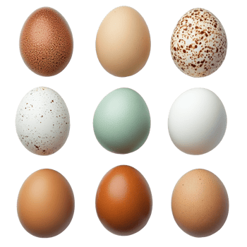 A collection of nine assorted eggs displaying diverse colors and textures arranged in a grid on a transparent surface, Eggs isolated png