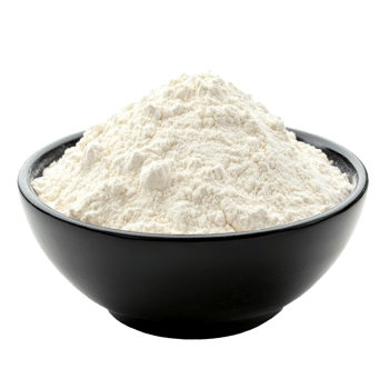 A black bowl filled with a fresh pile of flour isolated on a clean transparent background, Pile of flour in black bowl isolated on transparent background png