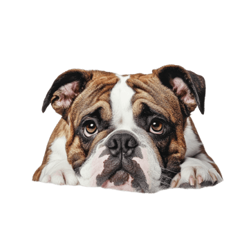 A bulldog with striking eyes resting on a soft surface against a transparent background, showcasing its unique features, Bulldog on transparent background png
