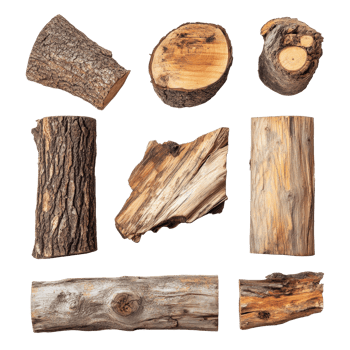 Various types of old wooden logs arranged on a transparent background showcasing natural textures and colors, Different types of old wood logs transparent background. Wooden log isolated on png