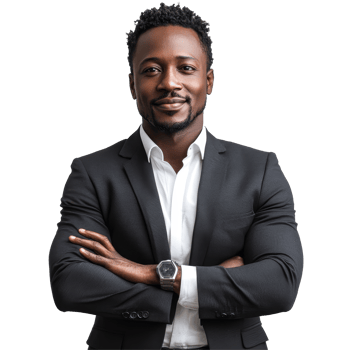 Confident African businessman posing with arms crossed against transparent background, African business man isolated on transparent background png