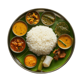 A traditional chithirai kani plate featuring diverse South Indian dishes served on a banana leaf against a transparent background, Chithirai Kani plate top view isolated on transparent background png