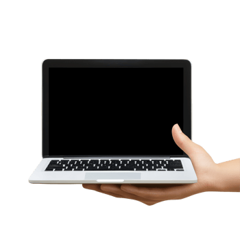 A persons hand presenting a blank laptop on a transparent background for showcasing potential digital content ideas, Hand holding the laptop or notebook on transparent backgroundfile png
