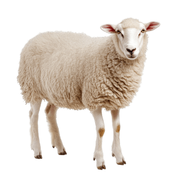A woolly sheep stands on a transparent background, showcasing its soft fleece and curious look, Sheep on isolated transparent background png