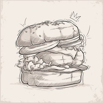 Hand drawn delicious junk food oversized burger sketch with crown on a vintage textured background vector