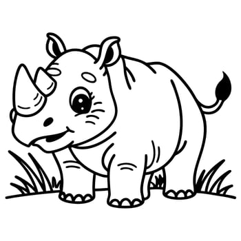 Cute rhinoceros illustration black and white line art with grass adorable animal design for coloring vector