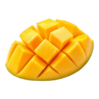 Ripe mango slice cut into cubes, showcasing bright yellow fruit against a clean transparent background, ripe mango slice isolated on transparent background png