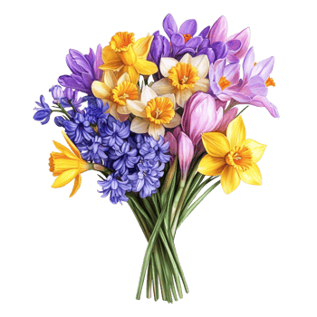 A vibrant bouquet of daffodils, crocuses, and hyacinths showcasing springs beauty against a clean background, Daffodils, Crocuses, and Hyacinths flowers bouquet,isolated transparent background png