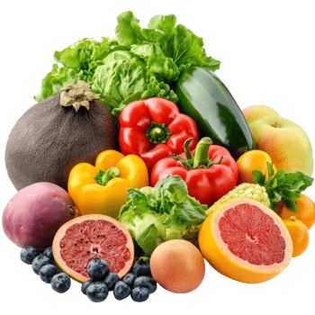 A colorful assortment of fresh fruits and vegetables creatively arranged for a vibrant natural display, Mixed of different fruits and vegetable isolated on transparent background png
