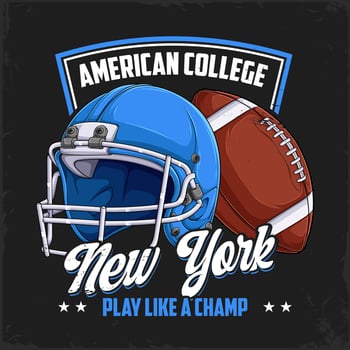 Hand drawn American football ball and blue protection helmet badge with labels for college champs vector