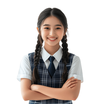 Cheerful Asian student girl in school uniform smiling confidently in a bright classroom during the school day, Happy pretty Asian student girl in school uniform isolated transparent background png