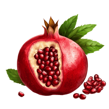 A fresh pomegranate with vibrant red seeds and green leaves showcased on a clear background, Pomegranate with leaf on transparency png