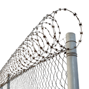 Steel barbed wire fence with coiled wire against a bright transparent background for security and protection, Steel Barbed Wire Fence transparent background png