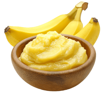 Pureed banana served in a wooden bowl with fresh bananas on a clean transparent background for healthy eating, Pureed banana in a wooden bowl on a transparent background png