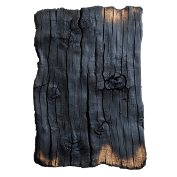 Old burned wood plank isolated on a transparent background showcasing unique texture and charred details, old burned wood blank isolated on transparent background png