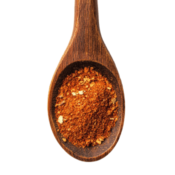 Chili powder in a wooden spoon isolated on a bright transparent background for culinary use and spice recipes, Chili powder in wood spoon isolated on transparent background png