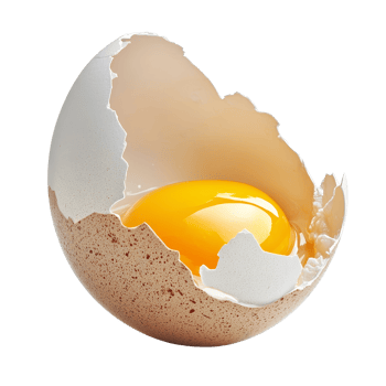 A cracked eggshell revealing bright yellow yolk and transparent on a simple, bright background in an elegant culinary setting, Cracked egg shell revealing egg yolk and transparent isolated png