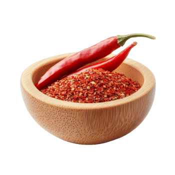 Cayenne pepper powder and red chili peppers in wooden bowl against a transparent backdrop, Cayenne pepper in wood bowl on transparent background png