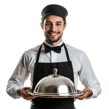 Smiling waiter presenting a stainless steel cloche in a professional setting against a transparent background, Waiter with Stainless Steel Cloche Isolated on transparent background png