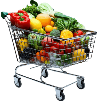 A shopping cart filled with fresh groceries and produce at a local marketplace during daylight hours, file no background Shopping cart full of groceries png