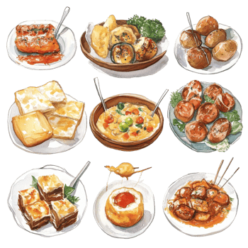 Delicious watercolor artwork showcasing a variety of Brazilian cuisine served on a clean transparent background, delicious brazilian food transparent background big png