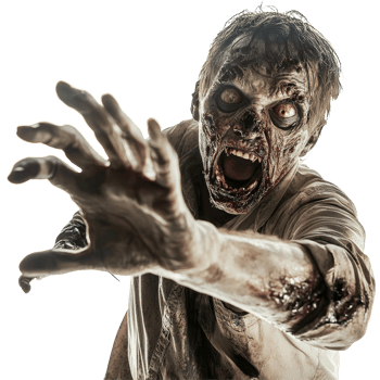 A terrifying zombie reaches out to grab its unsuspecting victim in a dimly lit, eerie environment, Scary Zombie about to catch his victim isolated on transparent background png