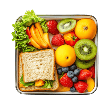 A nutritious school breakfast box featuring a sandwich, fresh fruits, and greens for a balanced start to the day, Healthy School Breakfast Box with Sandwich and Fruit Isolated on transparent png