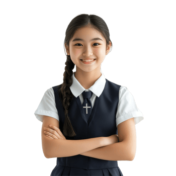 Happy young Asian student girl in school uniform smiling confidently in bright classroom setting, Portrait of Happy young Asian student girl in school uniform isolated transparent background png