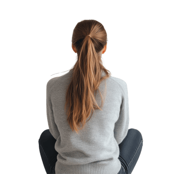 A woman relaxes in a casual outfit while seated on a soft transparent surface in a minimalistic space, Back View of a Woman Sitting in Casual Outfit on transparent background png