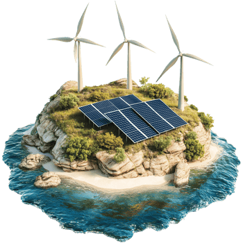Eco-Friendly Green Island with Solar Panels and Wind Turbines png