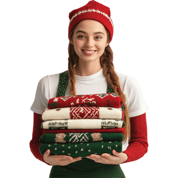 Young women holding a stack of sweaters png