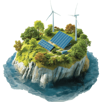 Green Island with Solar Panels and Wind Turbines Illustration png