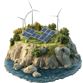 Solar Panels and Wind Turbines on Green Island Isolated png