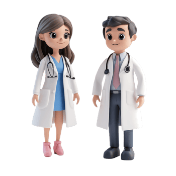 A male and female doctor stand together in front of a transparent background with calm expressions, 3D Male and female doctor on transparent background png