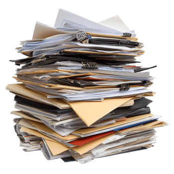 A disorganized pile of folders and paperwork on a table, reflecting a busy office environment in the afternoon, Pile of folders and paperwork png