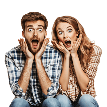 Excited couple expressing amazement while sitting together in a bright, isolated setting, happy amazed couple of young people, file of isolated object on transparent background png