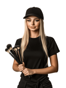 Portrait of a Young Blonde Woman Holding Makeup Brushes in Black Attire Isolated png