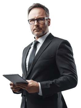 Serious Businessman Holding Digital Tablet in Formal Suit with Transparent Background png