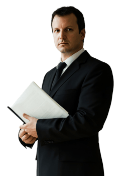 Serious Man in Black Suit Holding Open Book Against Transparent Background png