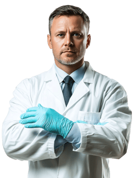 Serious Man in White Lab Coat with Blue Gloves Against Transparent Background png