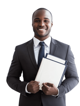 Smiling Black Man in Formal Suit Holding Documents on Transparent Background png