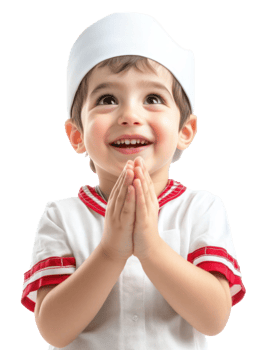 Smiling Boy In White Religious Attire With Hands Together Against Transparent Background png